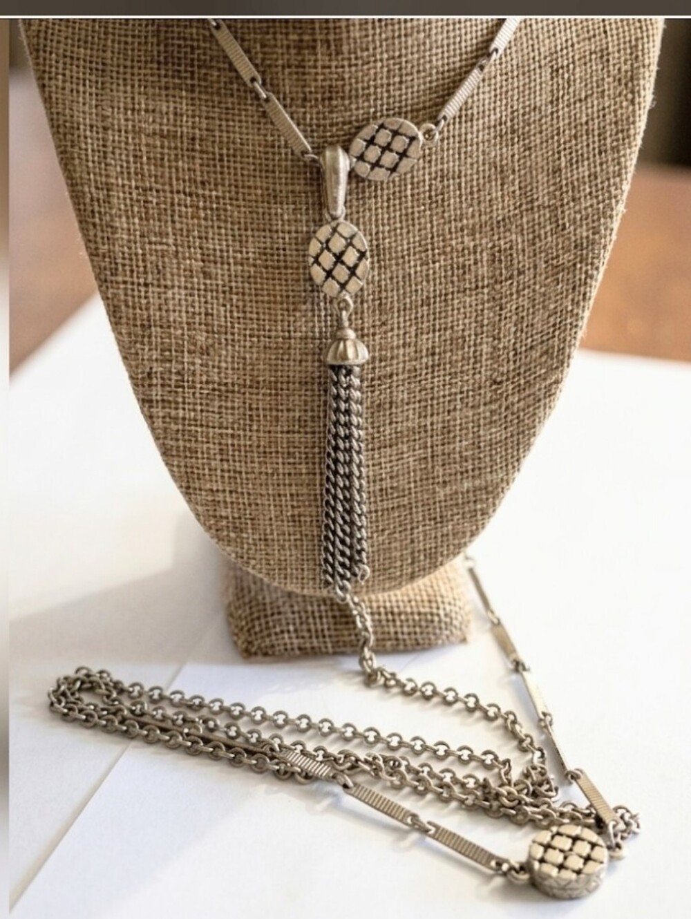 Vintage silver Long Lariat tassel necklace Womens Jewelry link chain